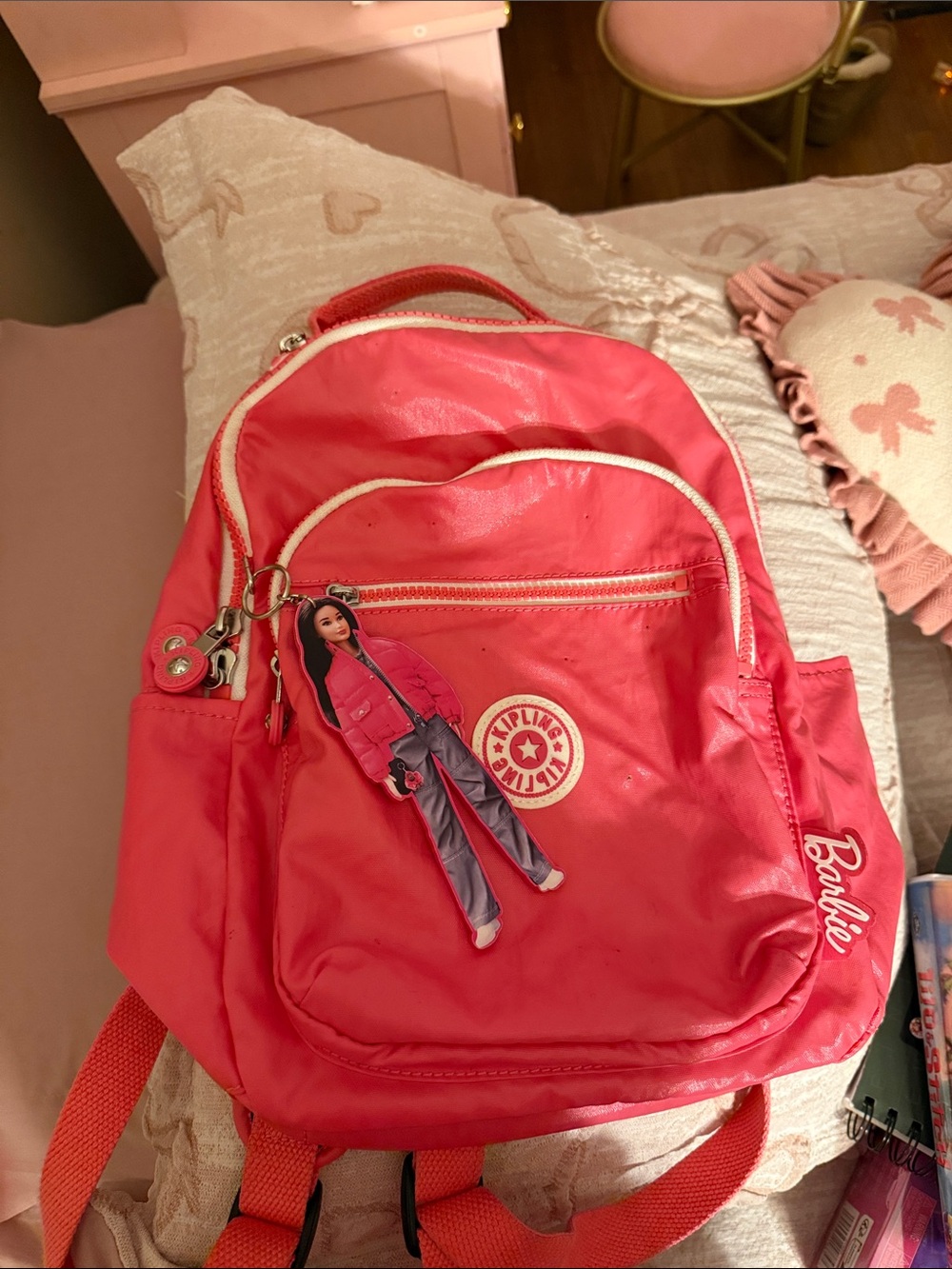 Kipling Bright Pink Backpack with Doll Charm